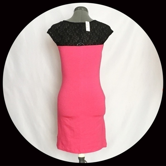 CITY STREETS Vibrant Hot Barbie Pink w/ Black Lace Body Con Dress Size S NWT! - Picture 2 of 6